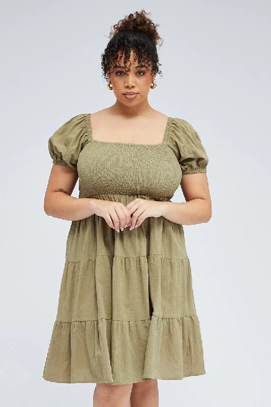 Holiday Sale Green Mini Dress Tiered Shirred Bust Puff Sleeve