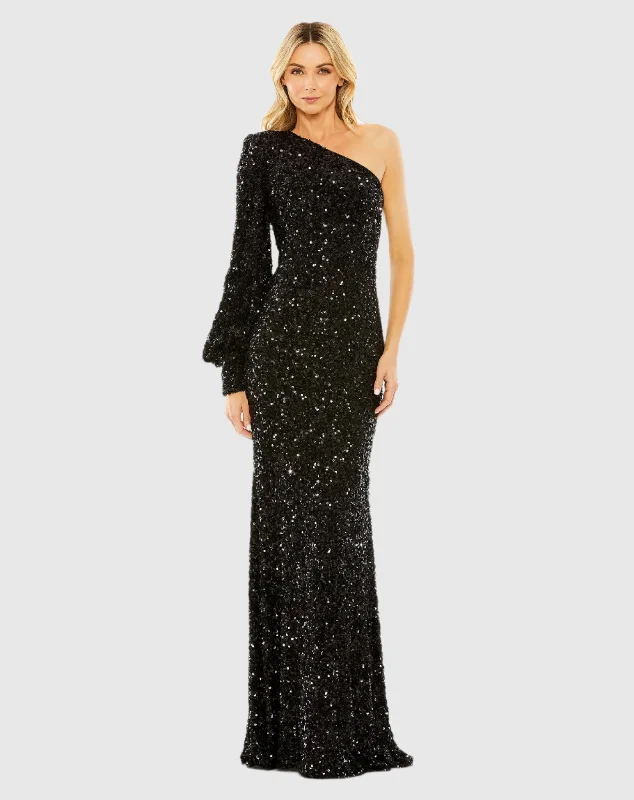 Super Savings Black Sequined One Shoulder Bishop Sleeve Trumpet Gown