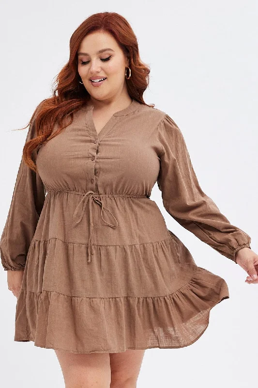 Doorbuster Deal Brown Shirt Dress Long Sleeve V-neck Tiered