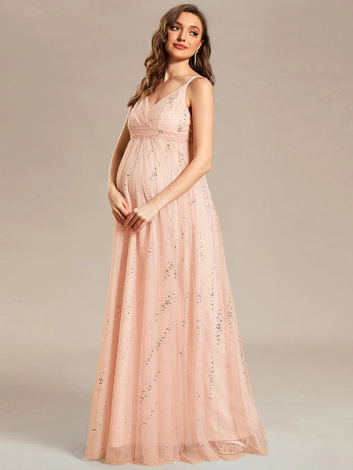 Bargain Prices Spaghetti Strap Scattered Sequins V-neck Floor Length Maternity Dress