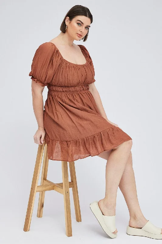 Final Clearance Brown Mini Dress Gather Waist Frill Hem
