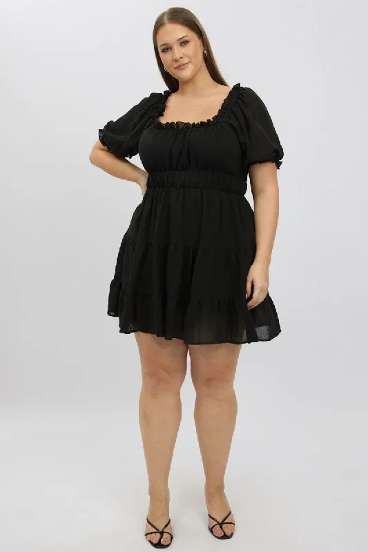 Year-End Sale Black Scoop Neck Gather Waist Minidress