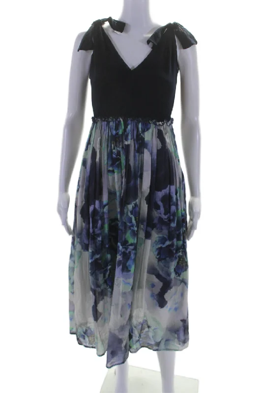 Online Specials Fuzzi Womens Sleeveless Floral Midi Empire Waist Dress Navy Blue Gray