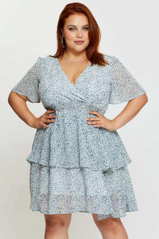 Clearance Items Floral Print Skater Dress V-neck Short Sleeve Tie