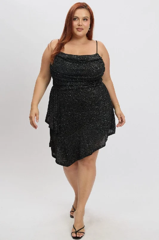 Special Promotion Black Cowl Neck Glitter Jersey Minidress