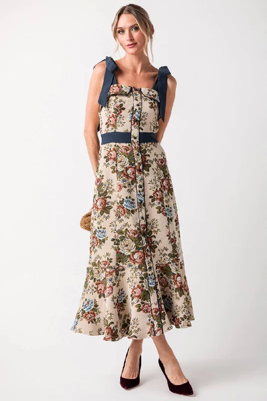 Deal of the Day Mable Shoulder Bow Tapestry Fabric Midi Dress
