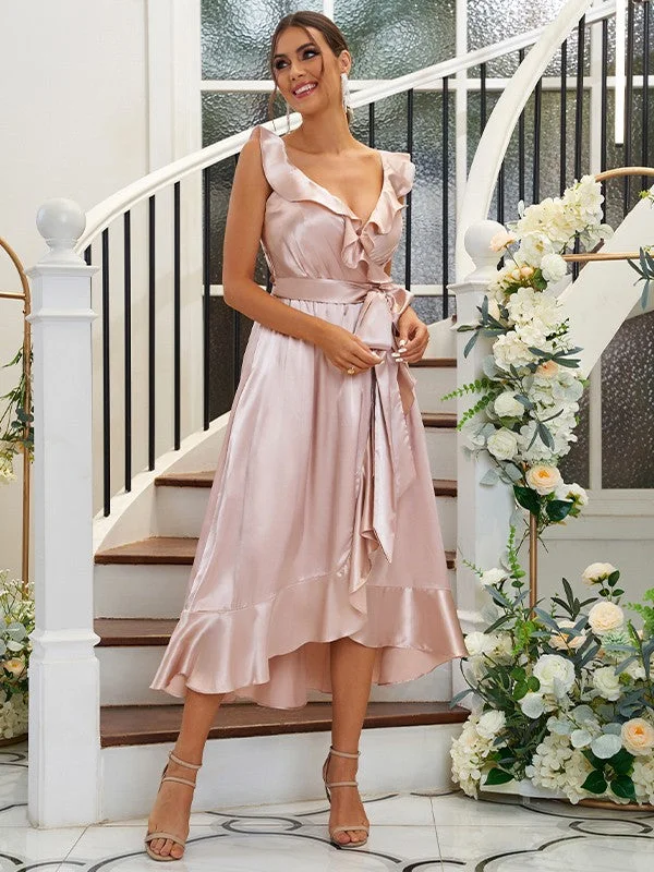 Midnight Sale A-Line/Princess Silk like Satin Ruffles V-neck Sleeveless Tea-Length Bridesmaid Dresses Midnight Sale A-Line/Princess Silk like Satin Ruffles V-neck Sleeveless Tea-Length Bridesmaid Dresses