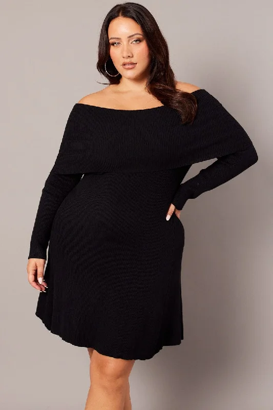 Savings Galore Black Off Shoulder Knit Mini Dress