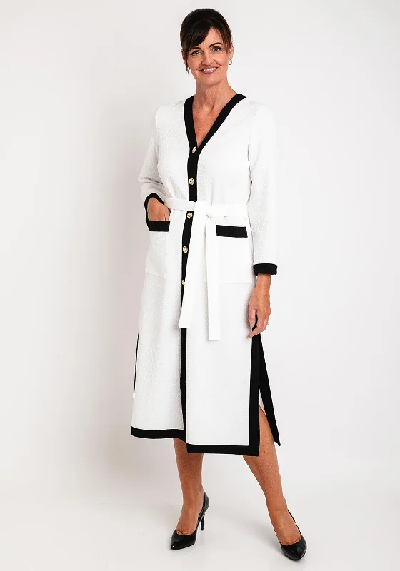 Don't Wait Camelot Jacquard, Black Trim Long Cardigan, White