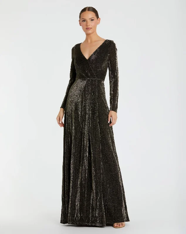 Major Savings Black Long Sleeve Faux Wrap A Line Gown