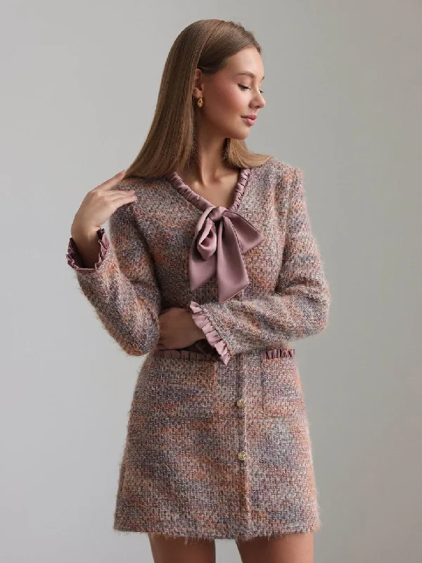 Final Markdown Romantic Bow-Detail Tweed Mini Dress