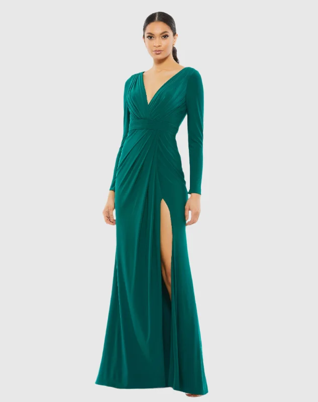 Super Bargain Green V-Neck Long Sleeve High Slit Gown