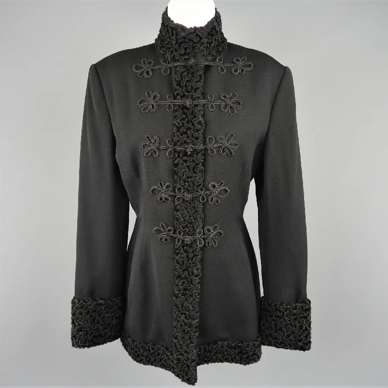 Overstock RALPH LAUREN Size 12 Black Wool High Collar Lamb Fur Trim Frog Closure Coat