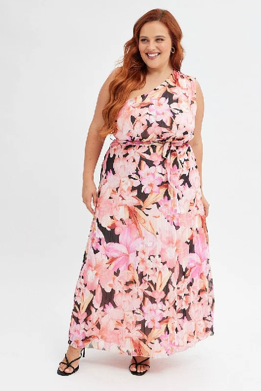 Major Savings Orange Floral Midi Dress One Shoulder