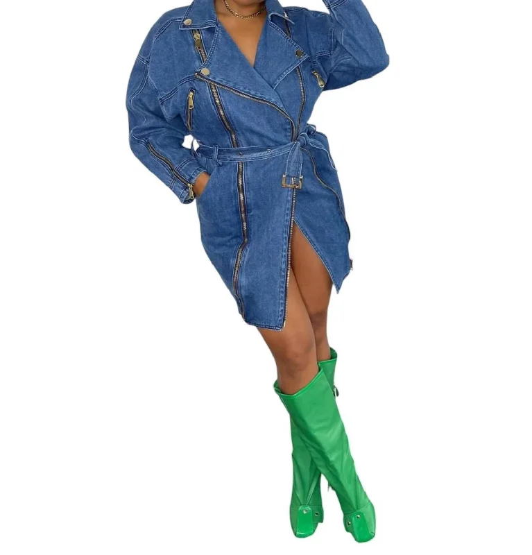 Don't Miss Belted Dress With Zipper Detail In Denim