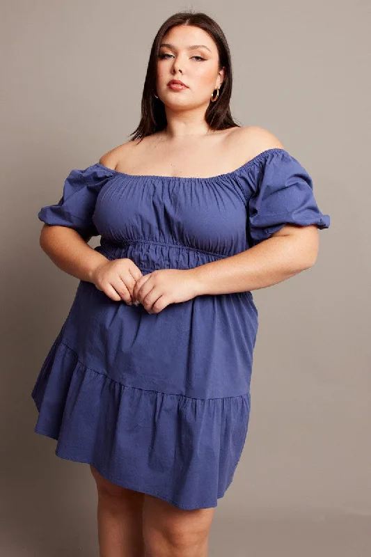 Unbeatable Prices Blue Puff Sleeve Gather Minidress