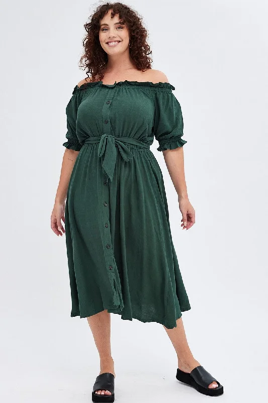 Can't Miss Green Short Sleeve Linen Button Midi Dress