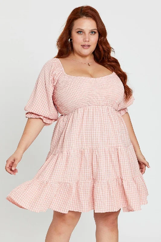 Steals and Deals Check Short Sleeve Shirred Bust Pink Dress