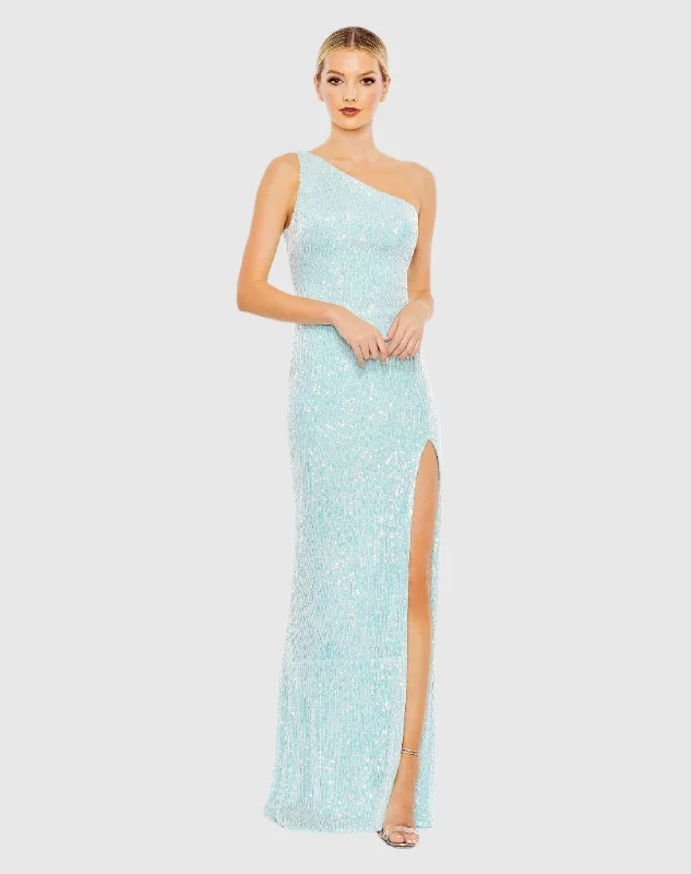 Fantastic Offers Blue Sequined One Shoulder Draped Back Gown