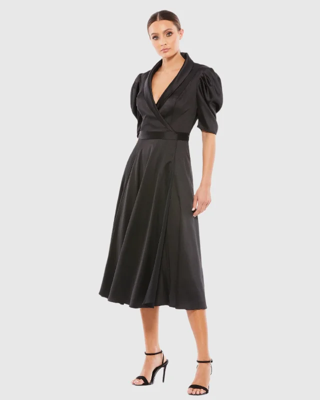 Massive Deals Black Satin Lapel Puff Sleeve Tea Length Dress