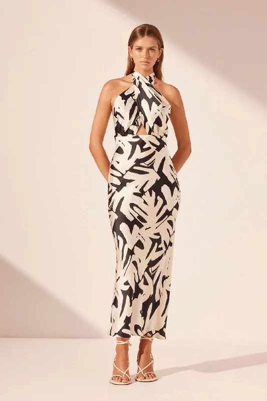 Can't Be Beat MICAH SILK CROSS FRONT HALTER BIAS MIDI DRESS