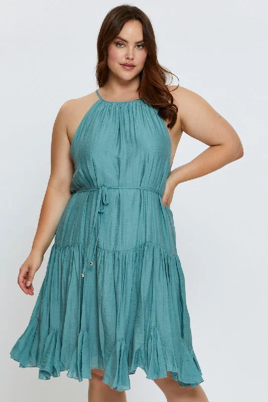 Lowest Price Green Skater Dress Halter Sleeveless Ruffle Hem