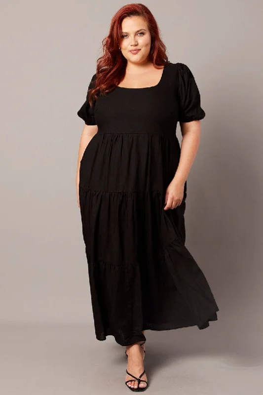 Price Reduction Black Scoop Neck Linen Maxidress With Pockets