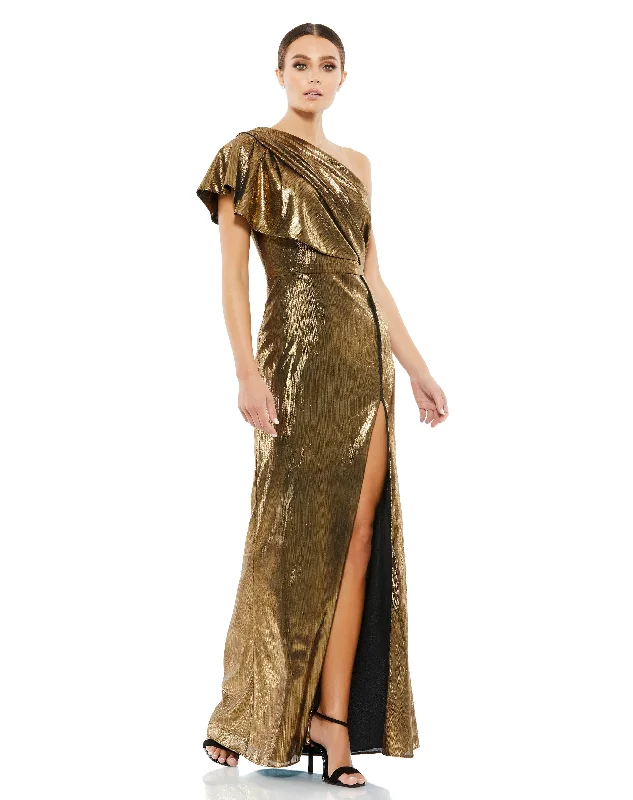 Stock Clearance Ruffled One Shoulder Metallic Evening Gown