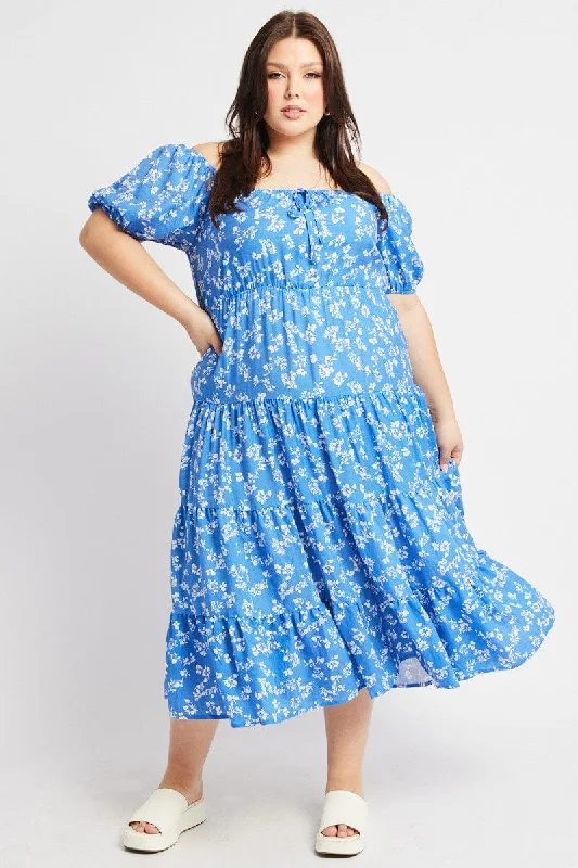 Super Sale Blue Ditsy Midi Dress Short Sleeve Tiered