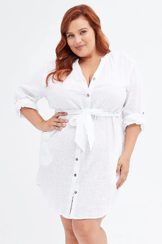 Today’s Deal White Cotton Shirtdress Long Tab Sleeve Textured