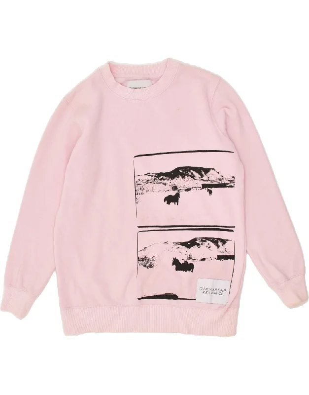 Massive Deals CALVIN KLEIN JEANS Womens Graphic Sweatshirt Jumper UK 6 XS Pink Cotton