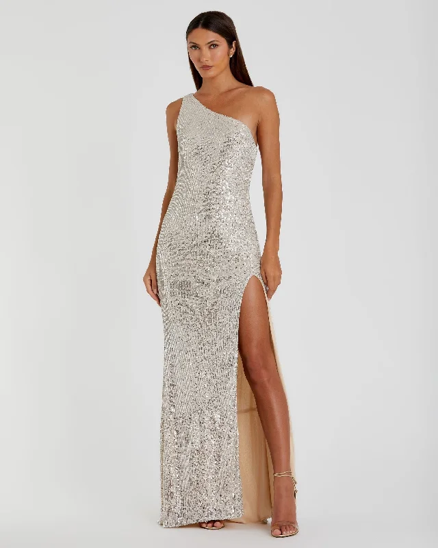 Early Access Silver Sequined One Shoulder Draped Back Gown