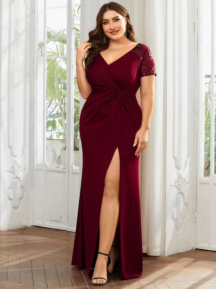 Final Clearance Plus Size Front Slit Short Sleeve With Sequin Mother of the Bride Dress