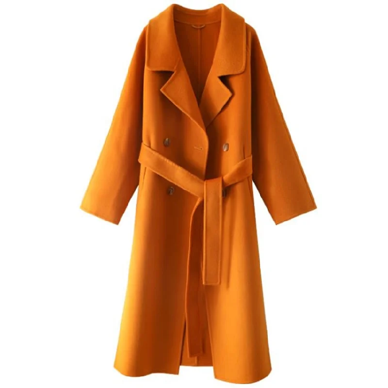 Savings Bonanza MAVEN Design Women's Fine Fashion Elegant Golden Brown Orange Luxury Style Long Cashmere Wool Coat
