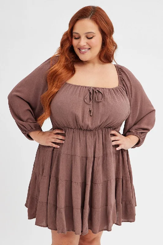Major Savings Brown Skater Dress Plain Crinkle Long Sleeve