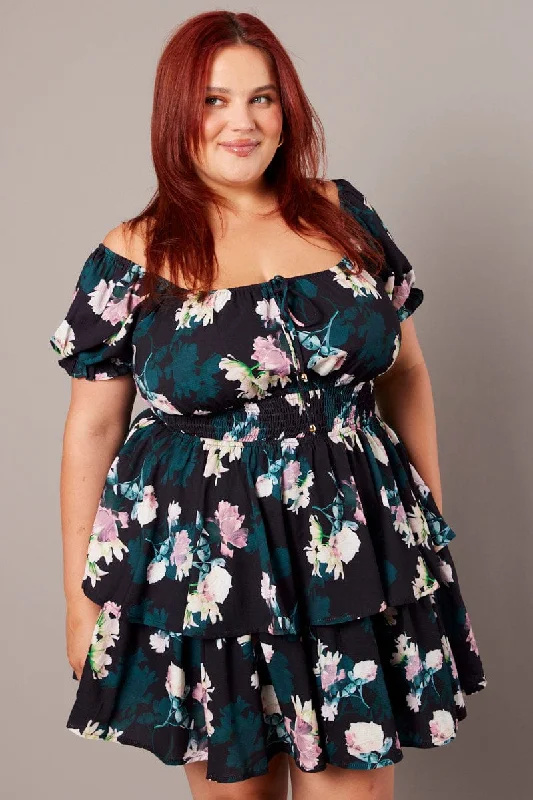 Price Reduction Black Floral Shirred Waist Detail Layer Minidress