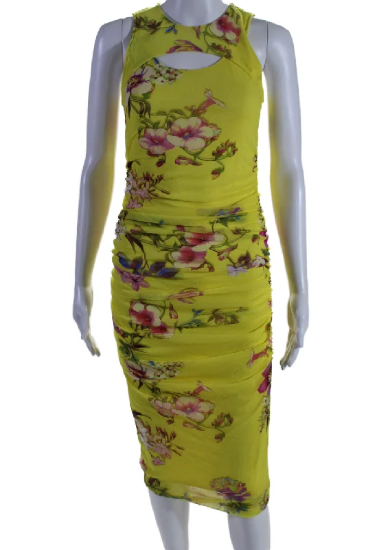 Sneak Peek Sale Fuzzi Womens Sleeveless Slash Front Floral Mesh Midi Dress Yellow