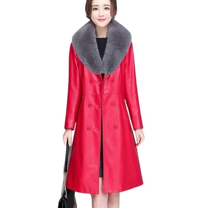 Midnight Sale BELLA Design Women's Fine Fashion Luxury Designer Leather Red Plush Fur Coat Jacket