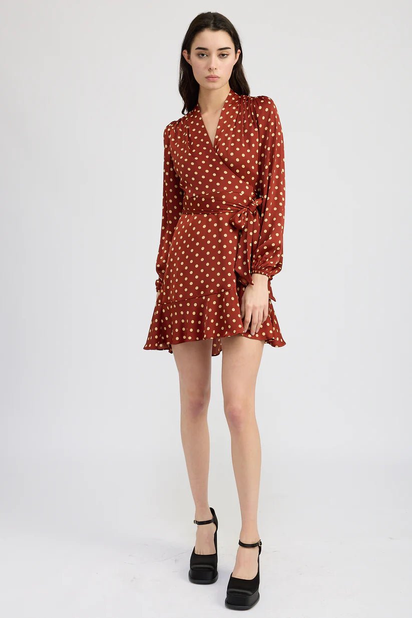 Don't Wait Rust Polka Dot Ruffle Wrap Dress