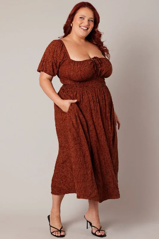 Special Discount Brown Geo Midi Dress Short Sleeve Ruched Bust