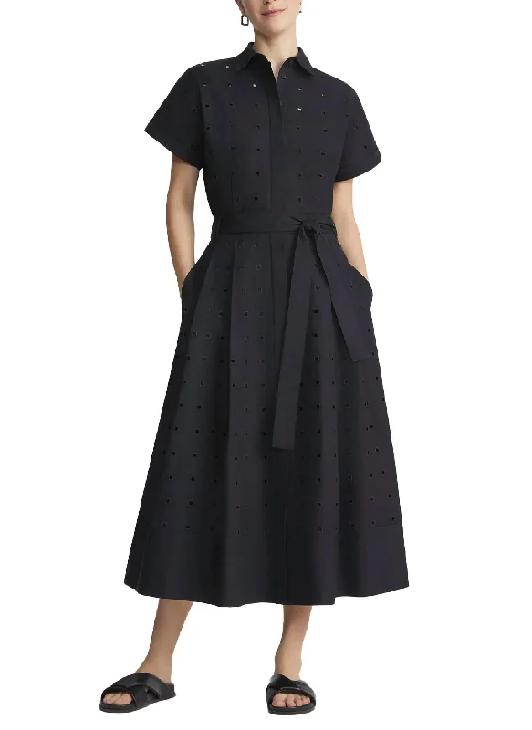 Last Chance Hand-Cut Block Eyelet Shirt Dress In Black