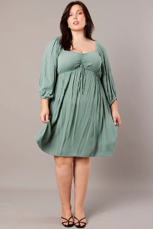 One-DAY Sale Green Crinkle Ruched Drawstring Mini Dress