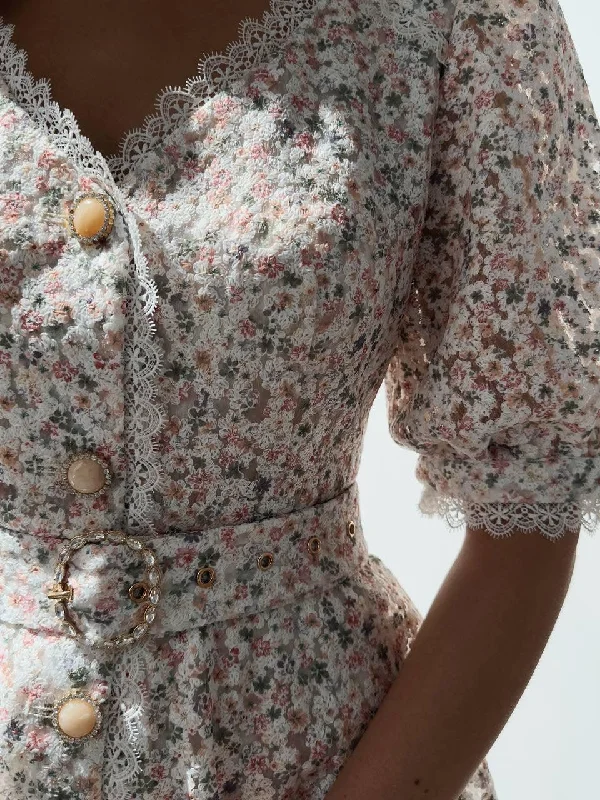 Savings Event Elegant Floral Print V-Neck Mini Dress