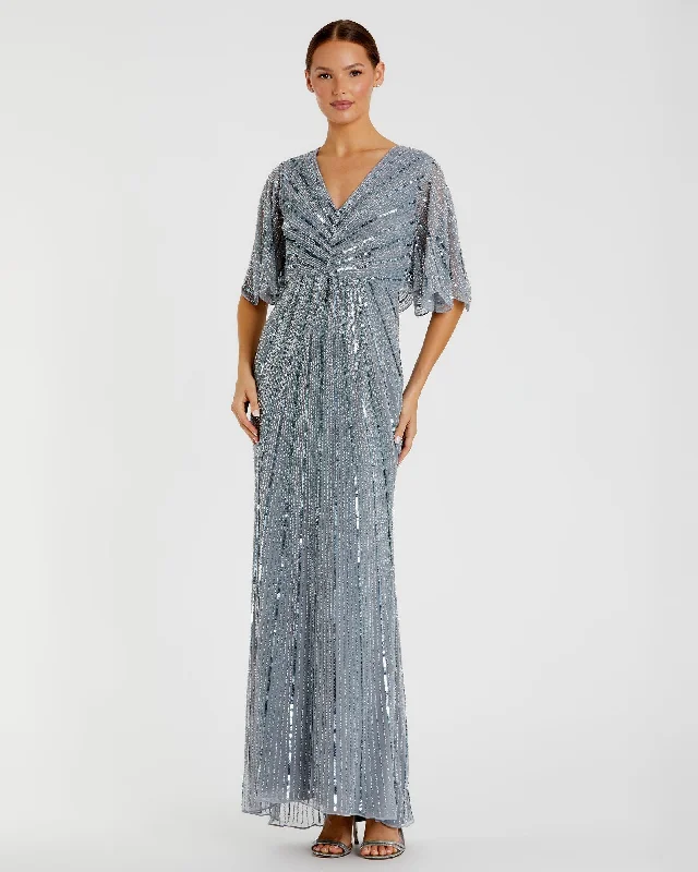 Don't Miss Blue Sequined V Neck Cape Sleeve Column Gown