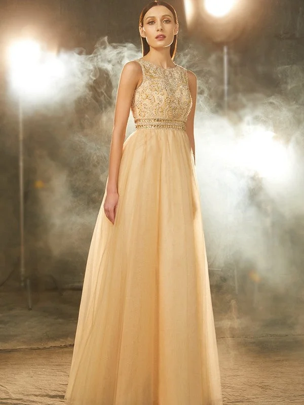 Lowest Prices A-Line/Princess Scoop Beading Sleeveless Floor-Length Tulle Dresses