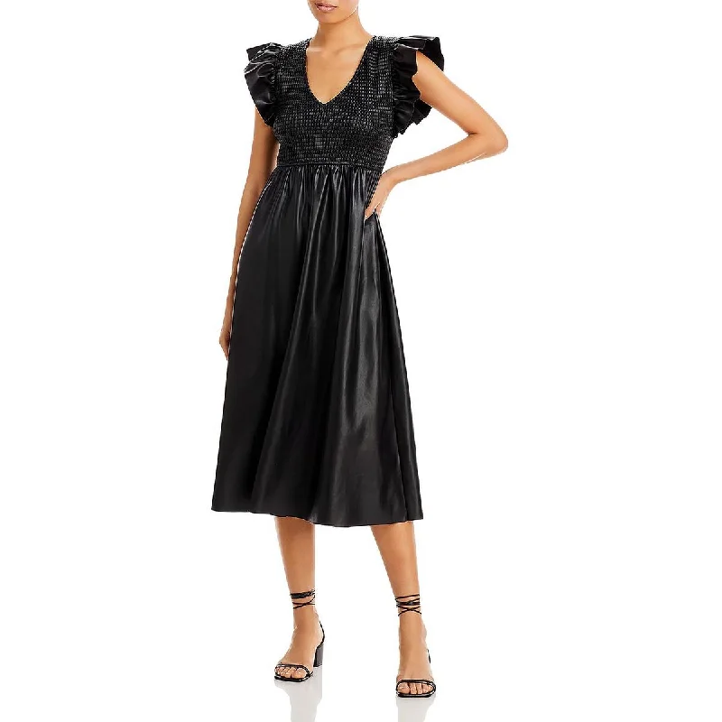 Limited Availability Womens Faux Leather Flutter Sleeve Midi Dress