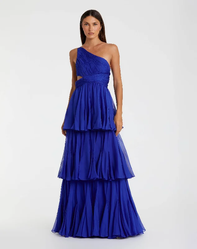 Exclusive Access Blue One Shoulder Tiered Chiffon Gown