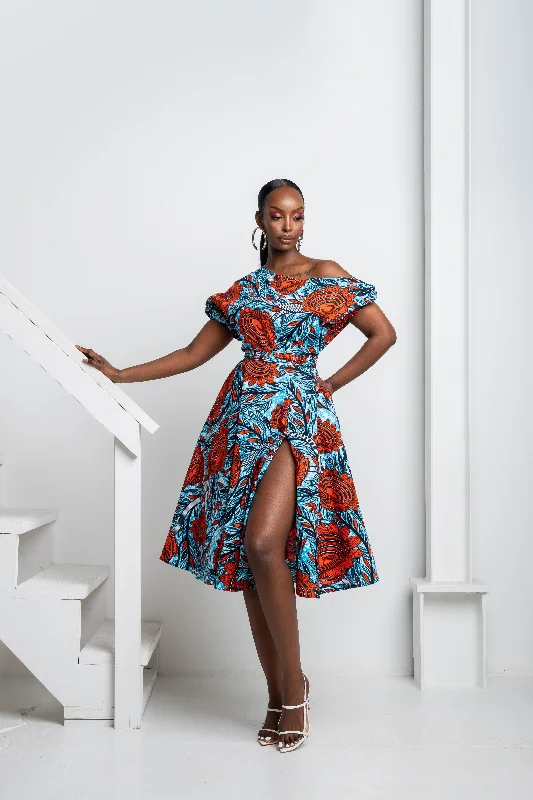 Limited Availability FAYO African Print One-shoulder Midi Dress