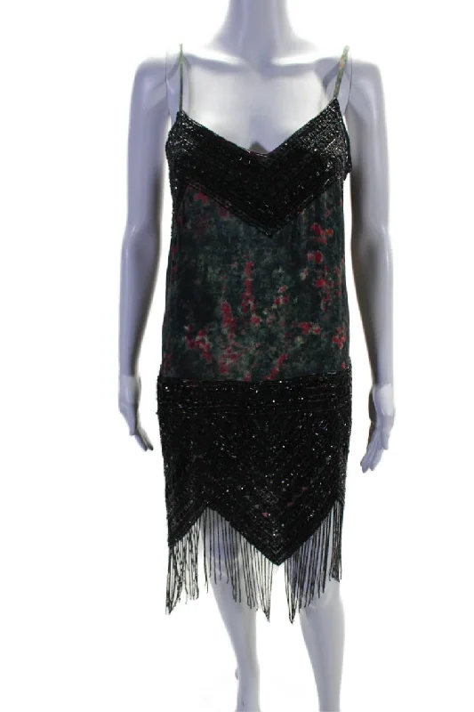 Extra Savings Haute Hippie Womens Silk Green Beaded Printed Fringe Sleeveless Dress