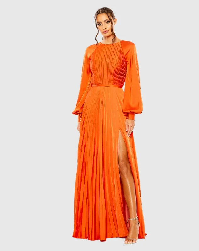 Members Only Orange Pleated High Neck Raglan Long Sleeve Side Slit Gown